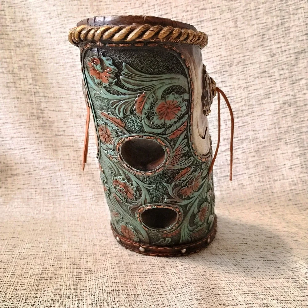 Western Floral Tooled Double Wine Bottle Holder Teal Copper Rustic Decor